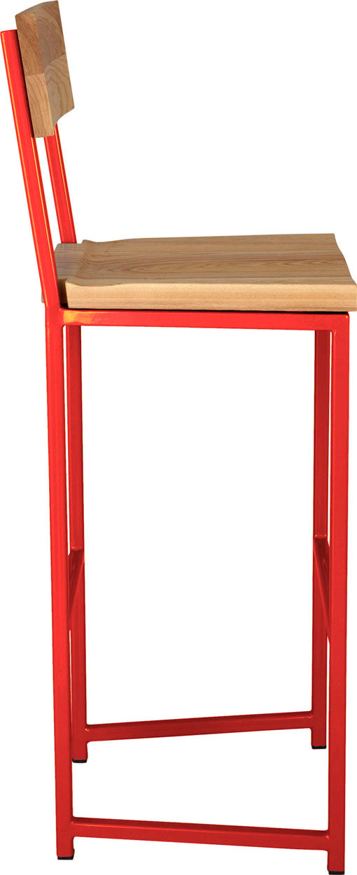 Red metal stool with back with natural stain ash wood made in UK - side view square frame