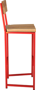 Red metal stool with back with natural stain ash wood made in UK - side view square frame