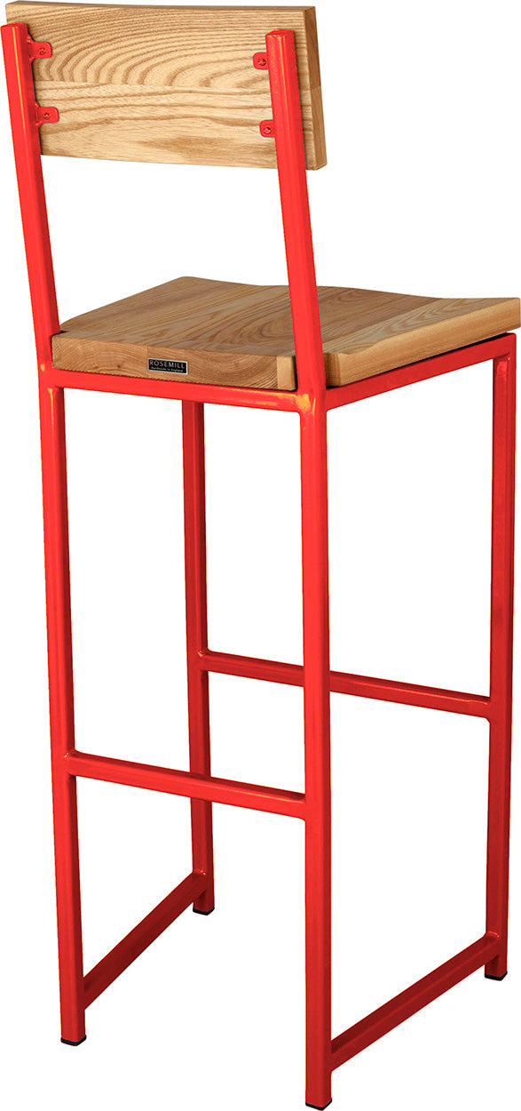 Red metal stool with back with natural stain ash wood made in UK - back side view square frame