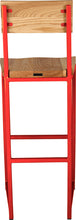 Load image into Gallery viewer, Red metal stool with back with natural stain ash wood made in UK - back view square frame
