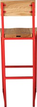 Load image into Gallery viewer, Red metal stool with back with natural stain ash wood made in UK - back view square frame
