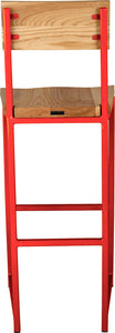 Red metal stool with back with natural stain ash wood made in UK - back view square frame