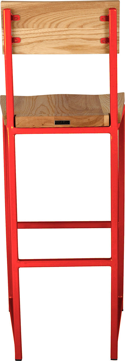 Red metal stool with back with natural stain ash wood made in UK - back view square frame
