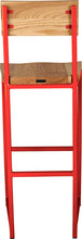Load image into Gallery viewer, Red metal stool with back with natural stain ash wood made in UK - back view square frame
