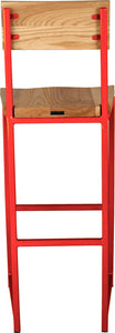 Red metal stool with back with natural stain ash wood made in UK - back view square frame