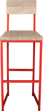 Load image into Gallery viewer, Red metal stool with back with whitewash stain ash wood made in UK - front view square frame
