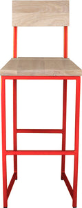 Red metal stool with back with whitewash stain ash wood made in UK - front view square frame