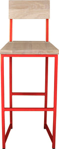 Red metal stool with back with whitewash stain ash wood made in UK - front view square frame