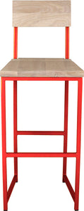Red metal stool with back with whitewash stain ash wood made in UK - front view square frame