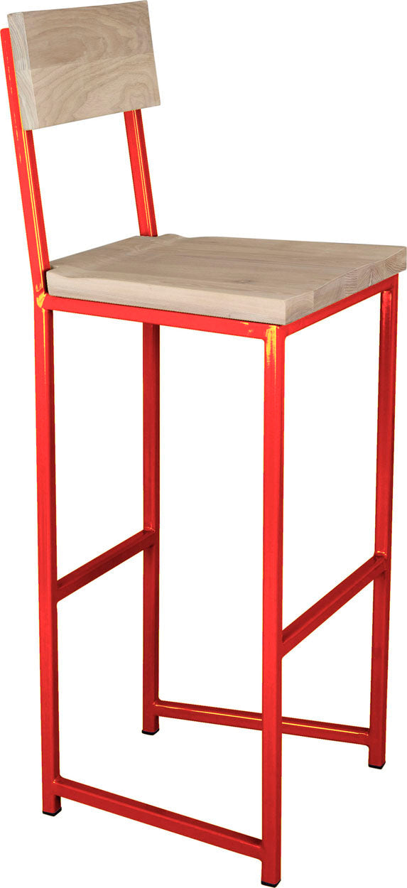 Red metal stool with back with whitewash stain ash wood made in UK - angle view square frame