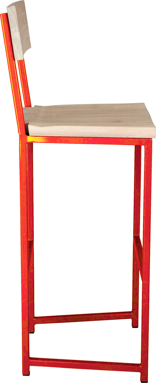 Red metal stool with back with whitewash stain ash wood made in UK - side view square frame