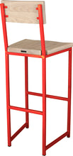 Load image into Gallery viewer, Red metal stool with back with whitewash stain ash wood made in UK - back side view square frame
