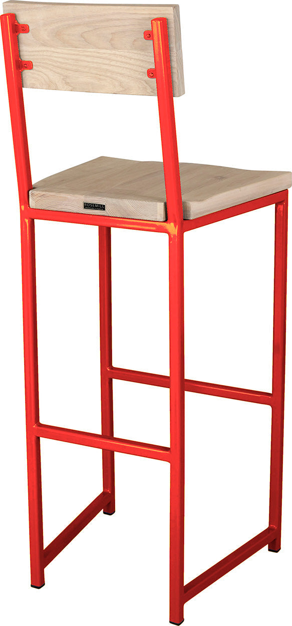Red metal stool with back with whitewash stain ash wood made in UK - back side view square frame