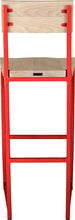 Load image into Gallery viewer, Red metal stool with back with whitewash stain ash wood made in UK - back view square frame
