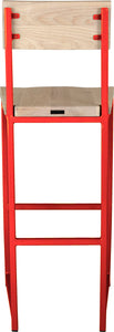 Red metal stool with back with whitewash stain ash wood made in UK - back view square frame