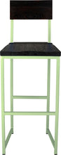 Load image into Gallery viewer, Sage green metal stool with back with black stain ash wood made in UK - front view square frame
