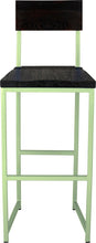 Load image into Gallery viewer, Sage green metal stool with back with black stain ash wood made in UK - front view square frame
