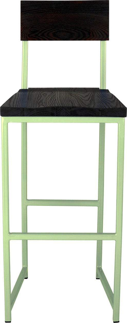 Sage green metal stool with back with black stain ash wood made in UK - front view square frame