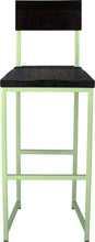 Load image into Gallery viewer, Sage green metal stool with back with black stain ash wood made in UK - front view square frame
