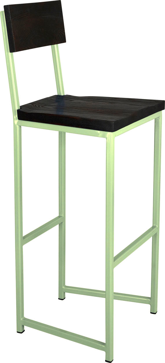 Sage green metal stool with back with black stain ash wood made in UK - angle view square frame
