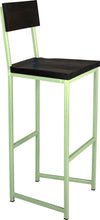 Load image into Gallery viewer, Sage green metal stool with back with black stain ash wood made in UK - angle view square frame
