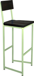 Sage green metal stool with back with black stain ash wood made in UK - angle view square frame
