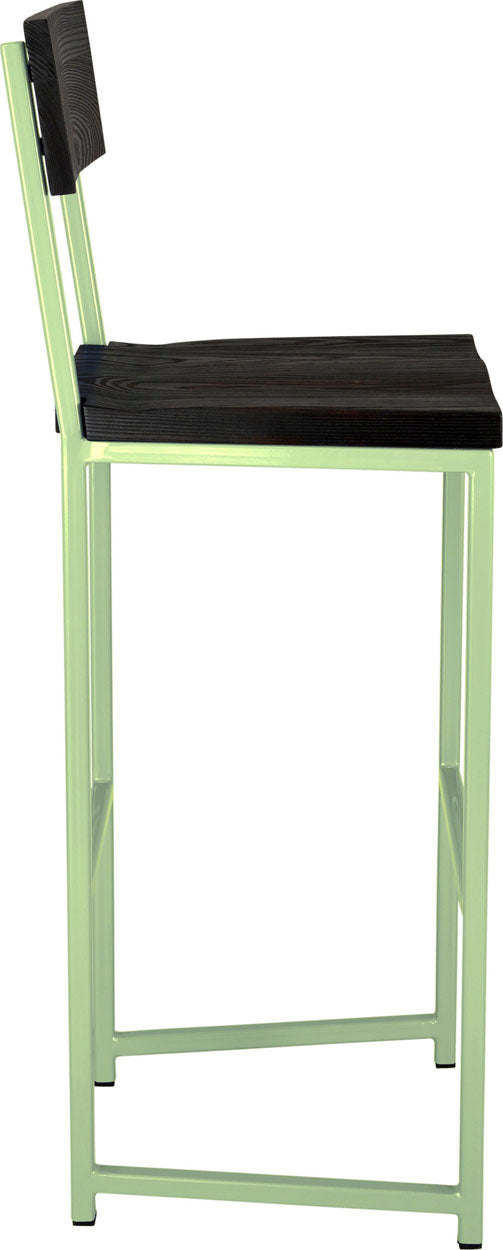 Sage green metal stool with back with black stain ash wood made in UK - side view square frame