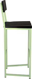 Sage green metal stool with back with black stain ash wood made in UK - side view square frame