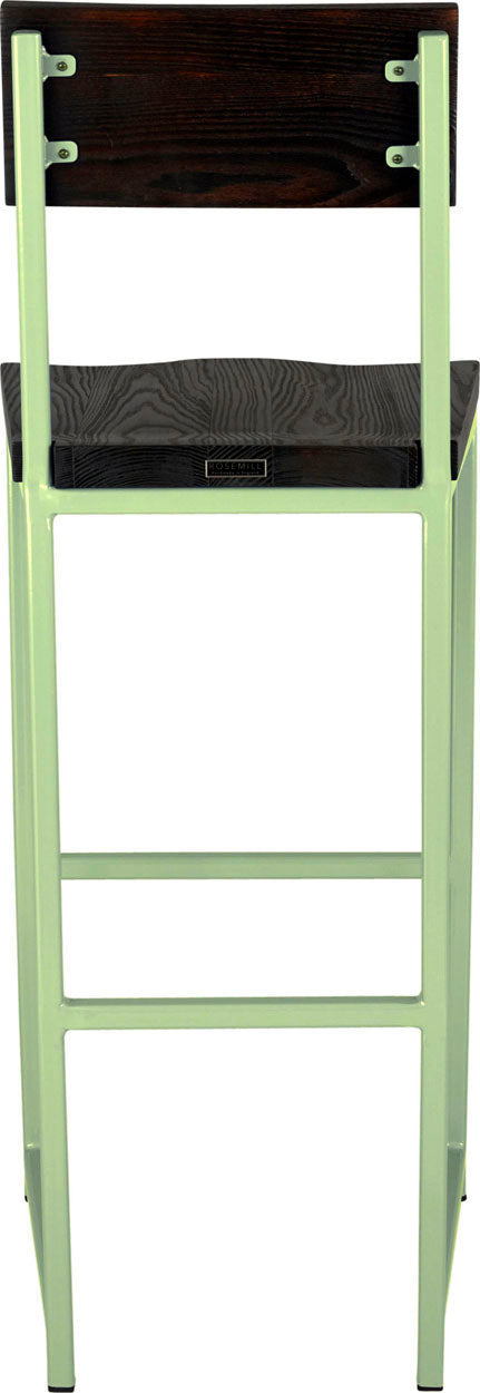 Sage green metal stool with back with black stain ash wood made in UK - back view square frame