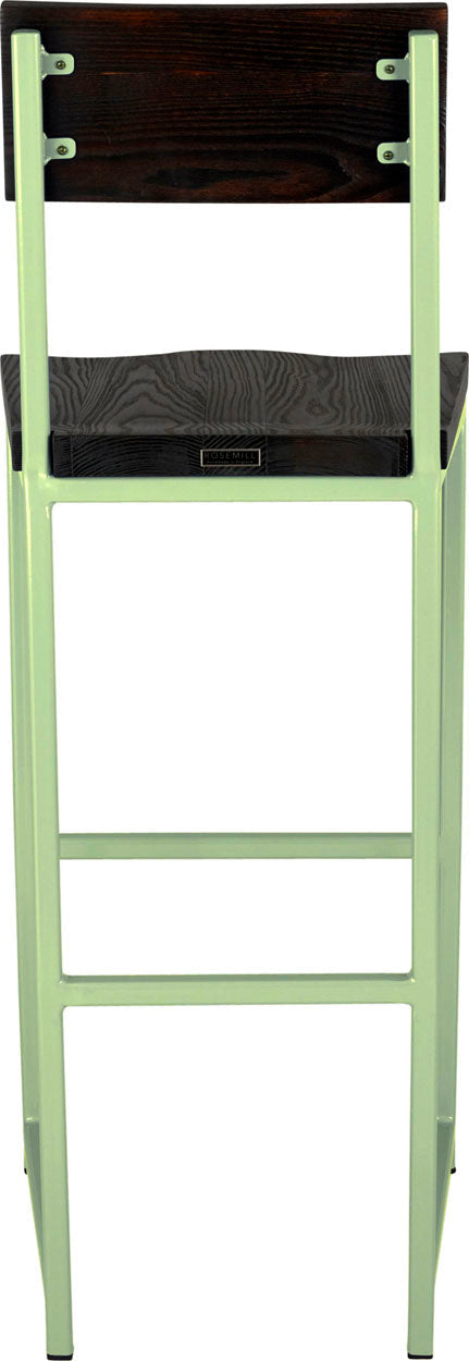 Sage green metal stool with back with black stain ash wood made in UK - back view square frame