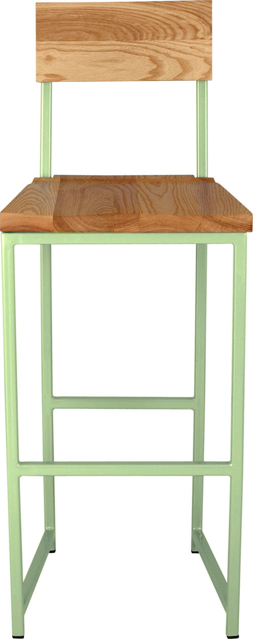 Sage green metal stool with back with natural stain ash wood made in UK - front view square frame