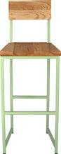 Load image into Gallery viewer, Sage green metal stool with back with natural stain ash wood made in UK - front view square frame
