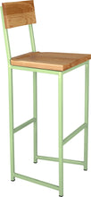 Load image into Gallery viewer, Sage green metal stool with back with natural stain ash wood made in UK - angle view square frame
