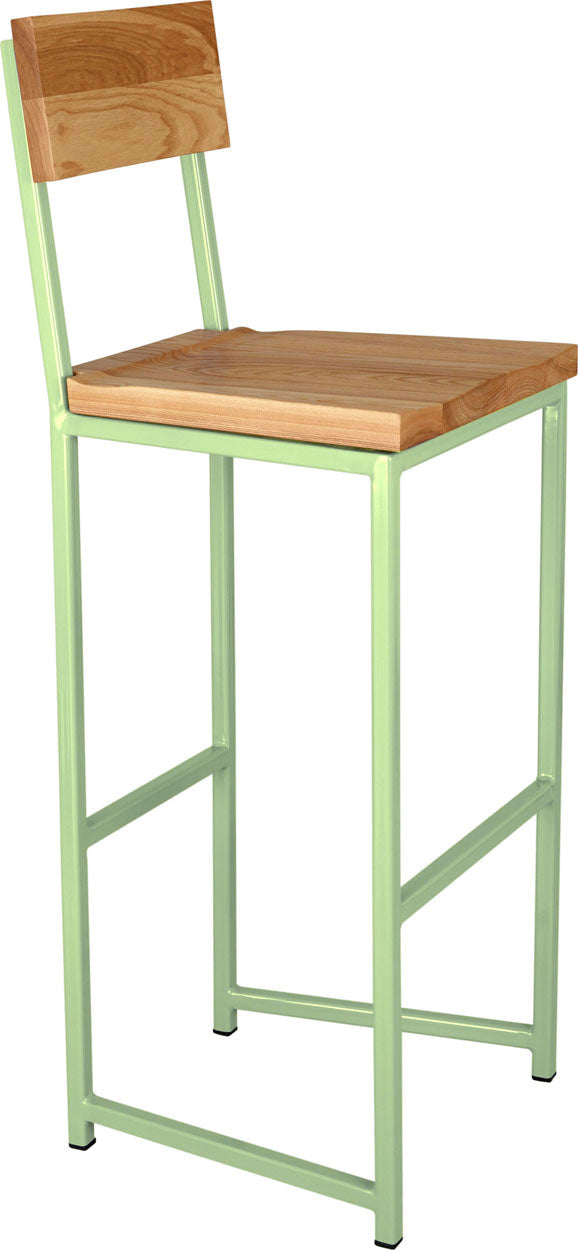 Sage green metal stool with back with natural stain ash wood made in UK - angle view square frame