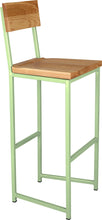 Load image into Gallery viewer, Sage green metal stool with back with natural stain ash wood made in UK - angle view square frame
