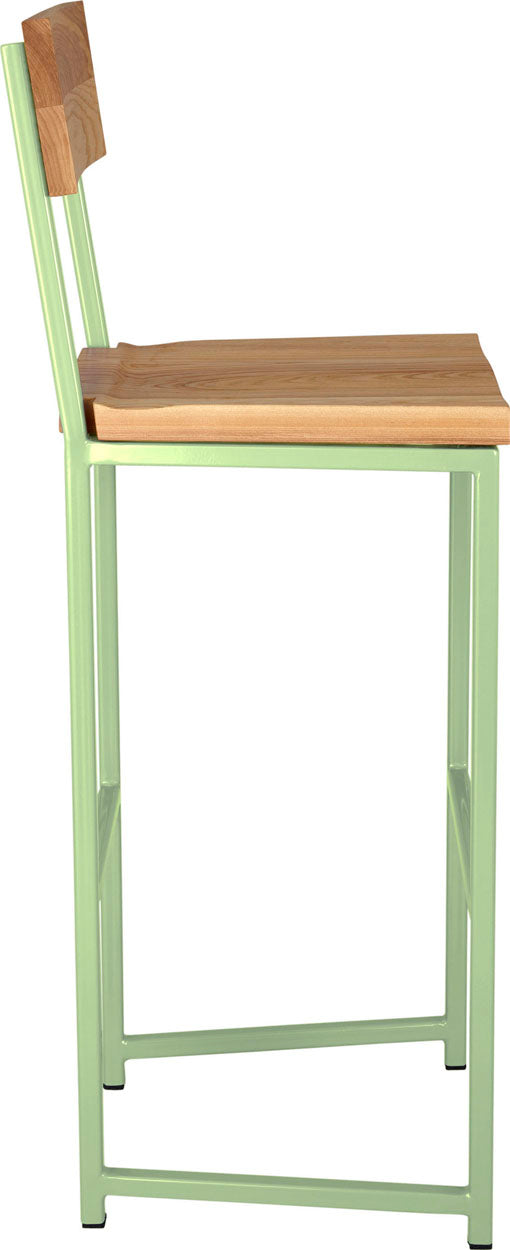 Sage green metal stool with back with natural stain ash wood made in UK - side view square frame