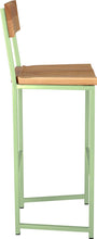 Load image into Gallery viewer, Sage green metal stool with back with natural stain ash wood made in UK - side view square frame
