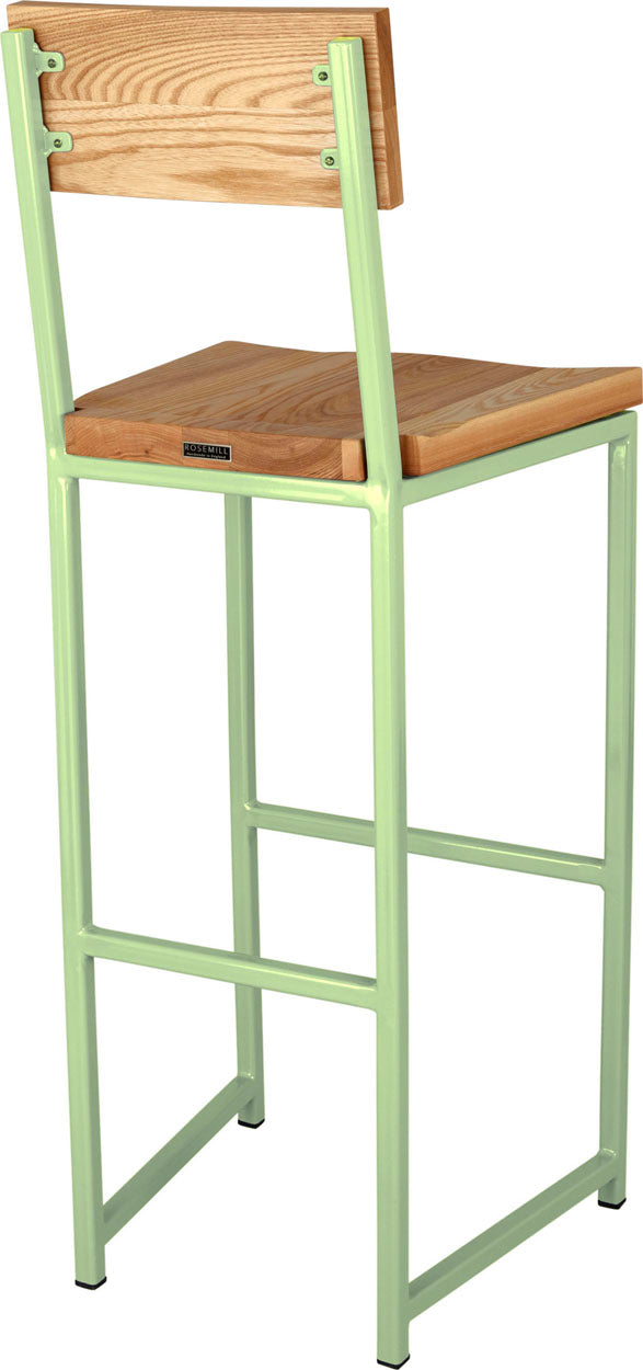 Sage green metal stool with back with natural stain ash wood made in UK - back side view square frame