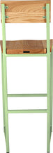 Load image into Gallery viewer, Sage green metal stool with back with natural stain ash wood made in UK - back view square frame

