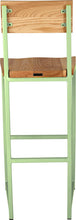 Load image into Gallery viewer, Sage green metal stool with back with natural stain ash wood made in UK - back view square frame
