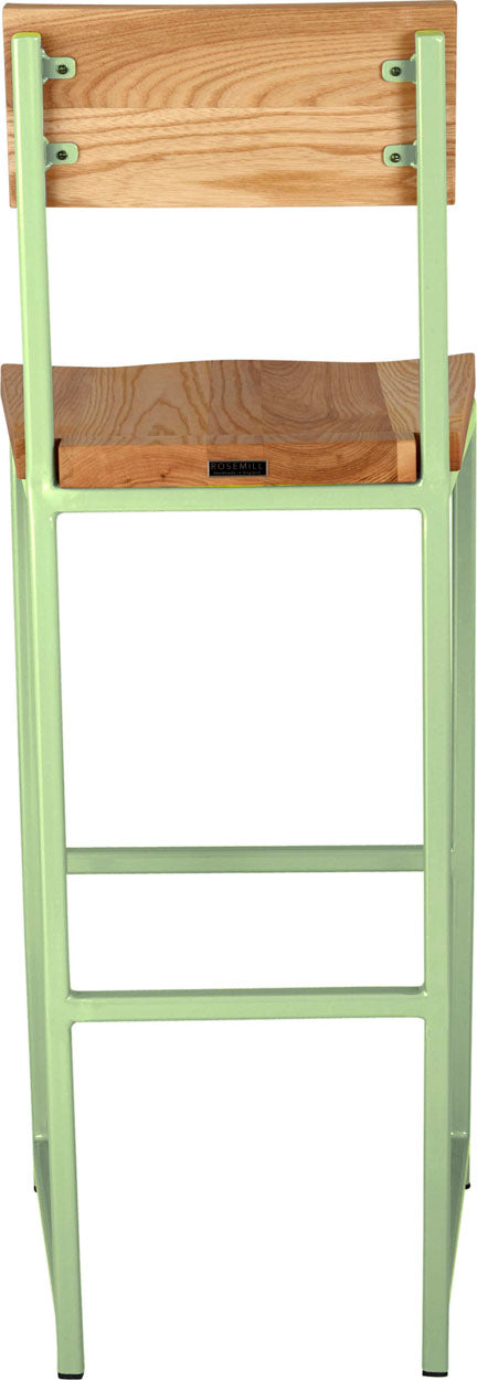 Sage green metal stool with back with natural stain ash wood made in UK - back view square frame