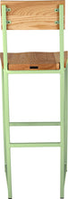 Load image into Gallery viewer, Sage green metal stool with back with natural stain ash wood made in UK - back view square frame
