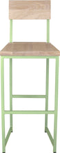 Load image into Gallery viewer, Sage green metal stool with back with whitewash stain ash wood made in UK - front view square frame
