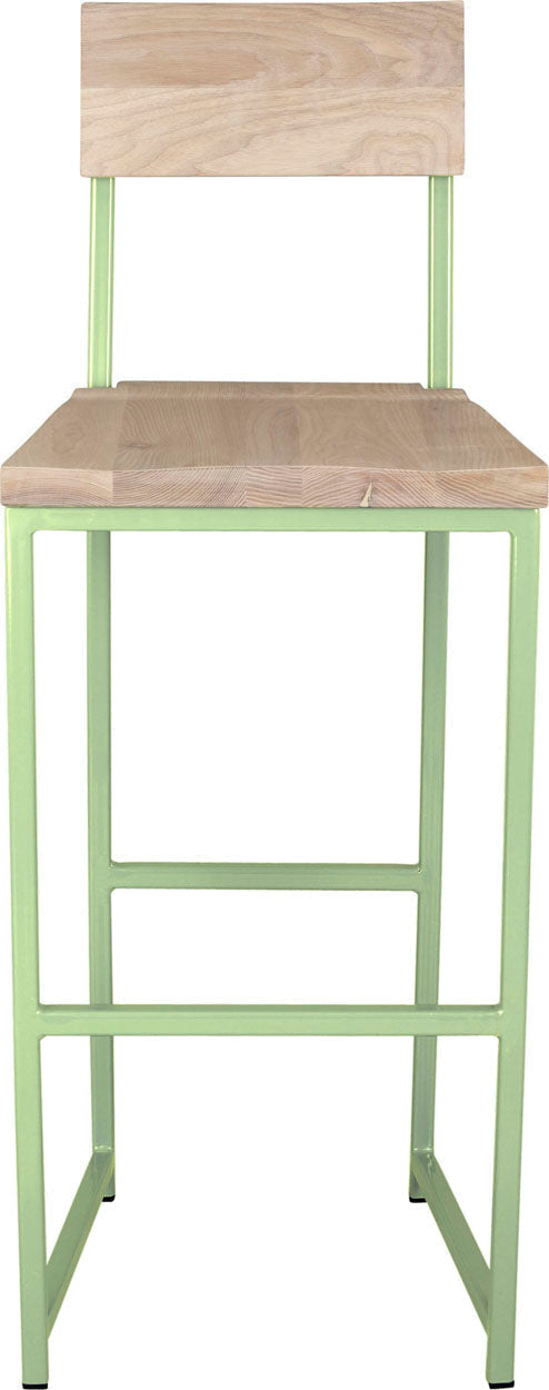 Sage green metal stool with back with whitewash stain ash wood made in UK - front view square frame
