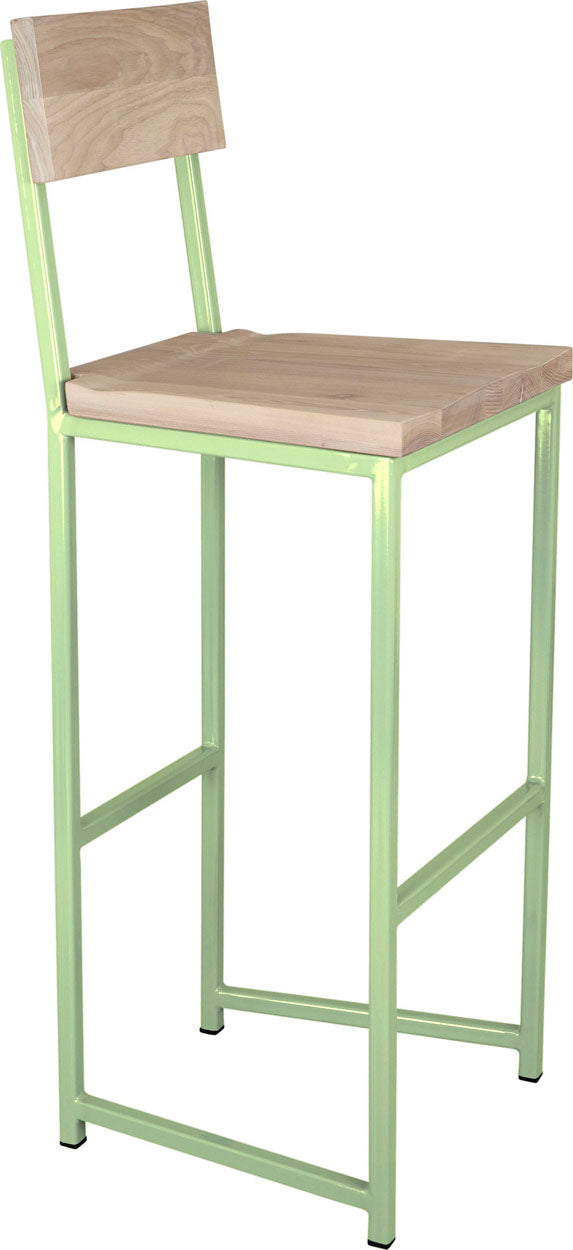 Sage green metal stool with back with whitewash stain ash wood made in UK - angle view square frame