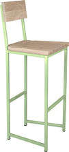 Load image into Gallery viewer, Sage green metal stool with back with whitewash stain ash wood made in UK - angle view square frame
