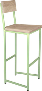 Sage green metal stool with back with whitewash stain ash wood made in UK - angle view square frame