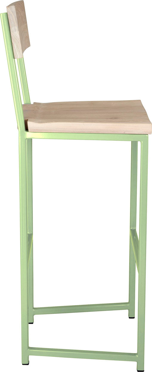Sage green metal stool with back with whitewash stain ash wood made in UK - side view square frame