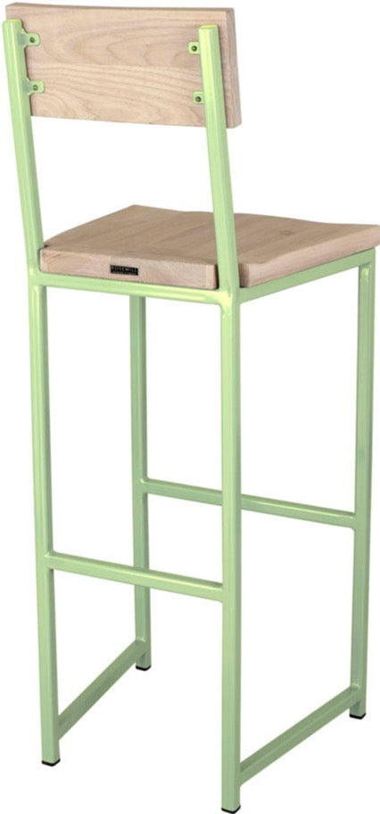 Sage green metal stool with back with whitewash stain ash wood made in UK - back side view square frame