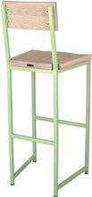 Load image into Gallery viewer, Sage green metal stool with back with whitewash stain ash wood made in UK - back side view square frame
